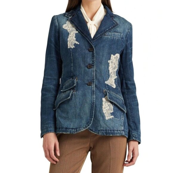 Lauren Ralph Lauren Lace Patchwork Denim Indigo Button Blazer Size 18W - Picture 1 of 7